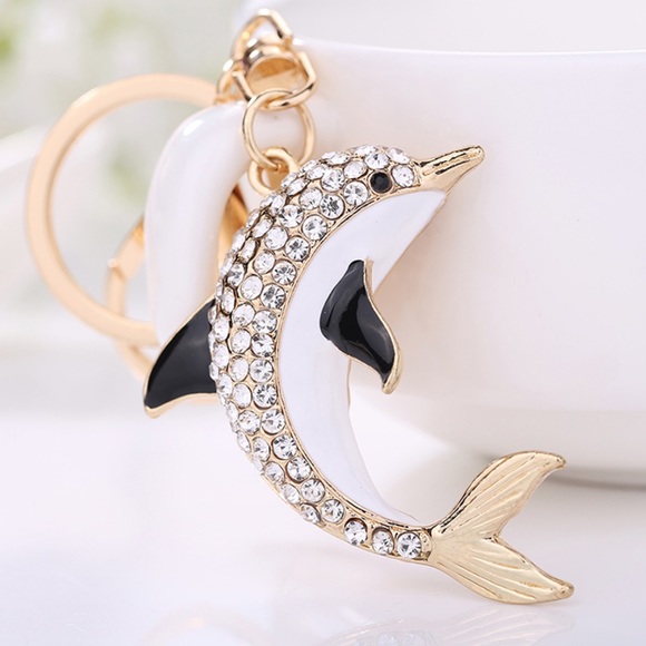 Accessories - Black White & Gold Crystal Dolphin Charm Keychain
